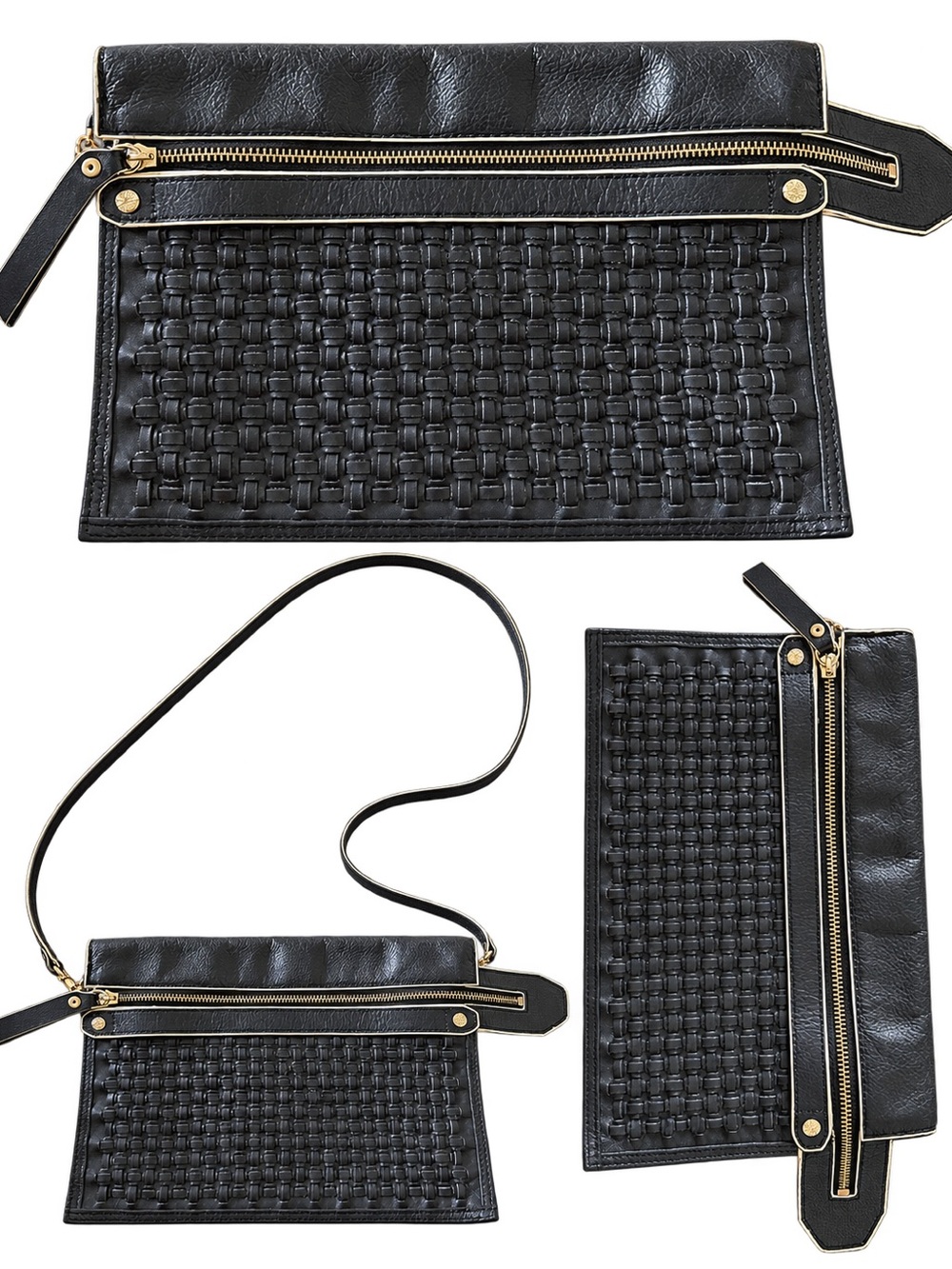Cynthia Vincent Black Woven Leather Crossbody Shoulder Bag
